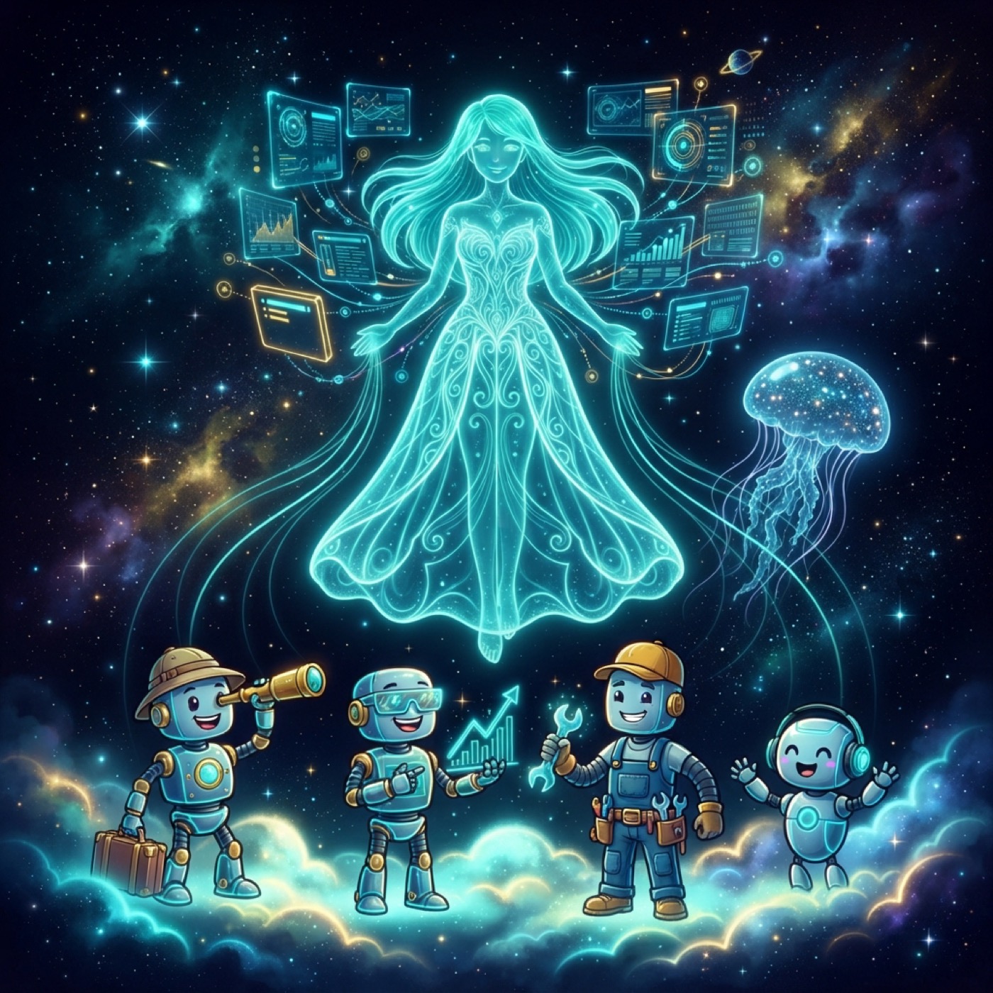 The MILAGPT smart assistant family — Mila and her smart assistant children in the clouds
